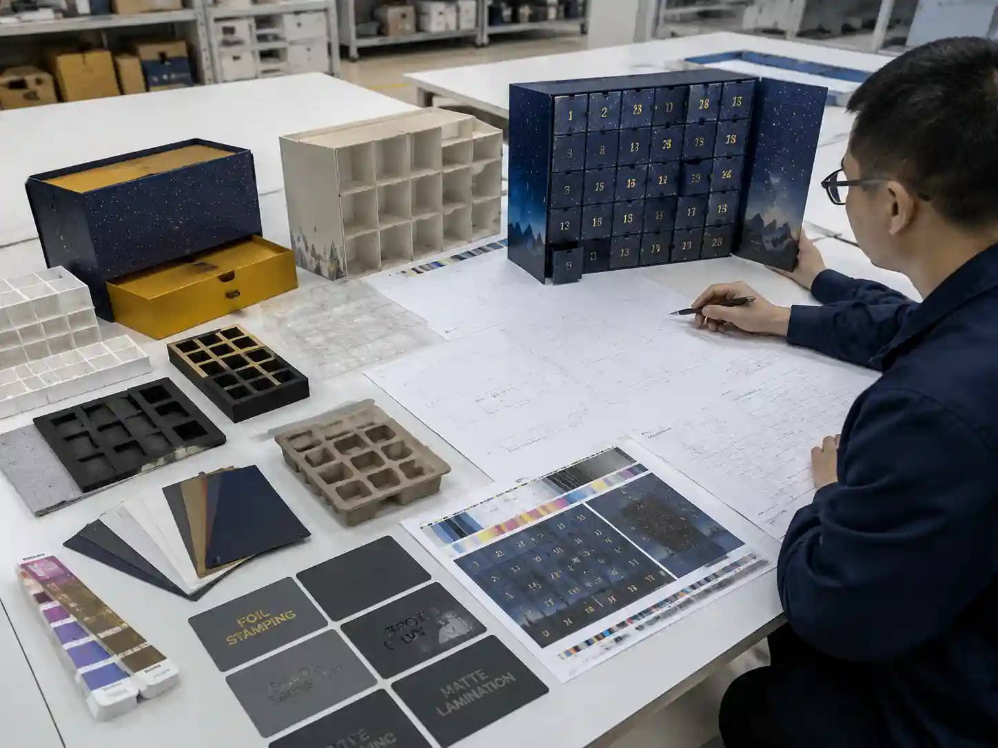Packaging engineer reviewing advent calendar box prototype materials and production samples