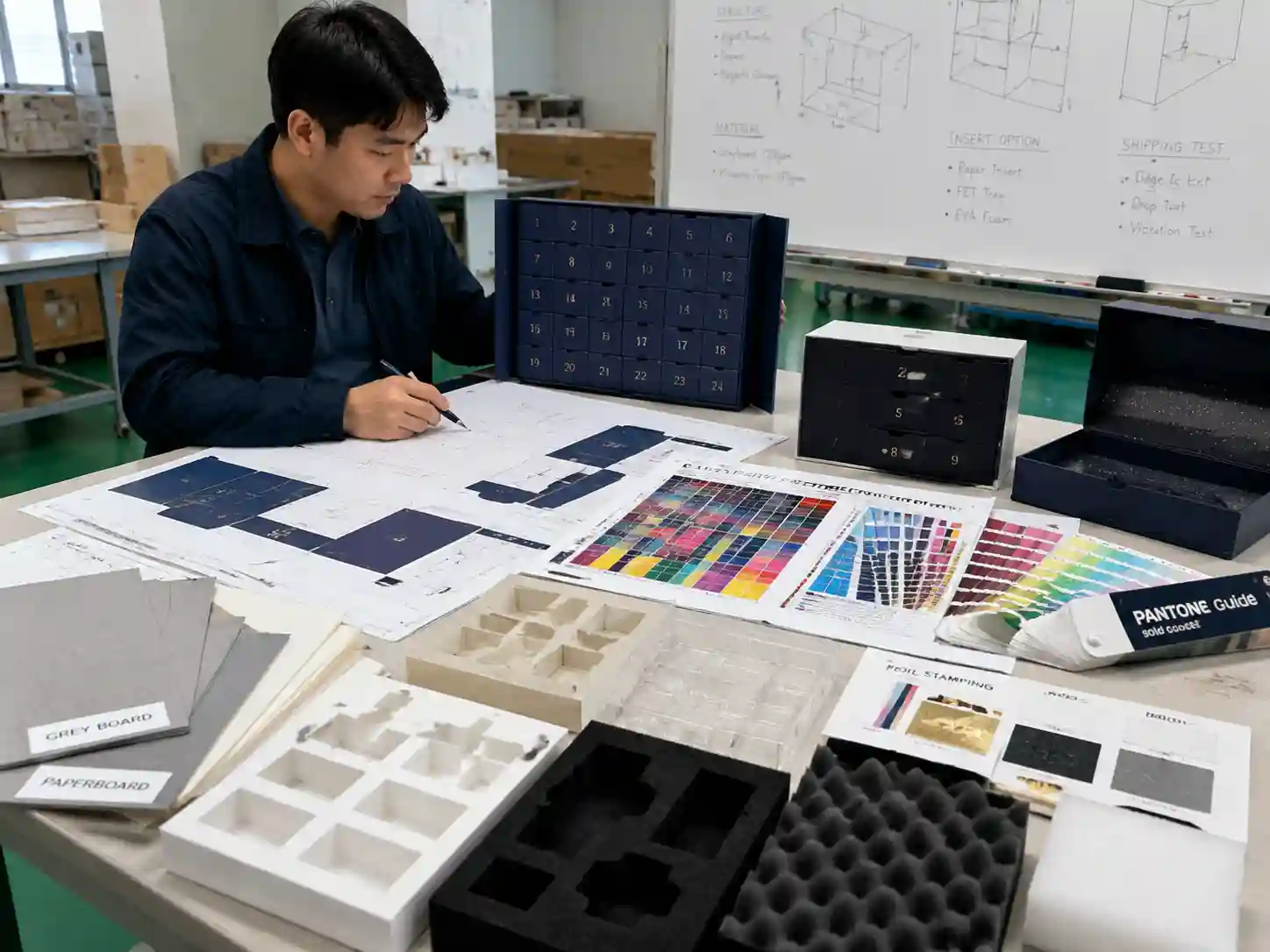 Packaging engineer reviewing advent calendar box materials and prototype development