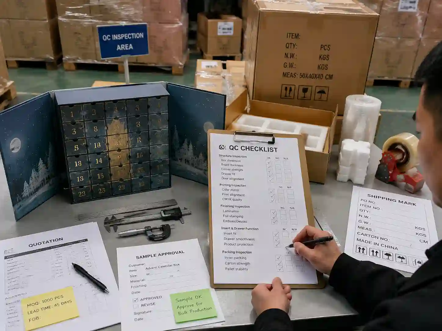 QC and export packing preparation for durable advent calendar box shipments