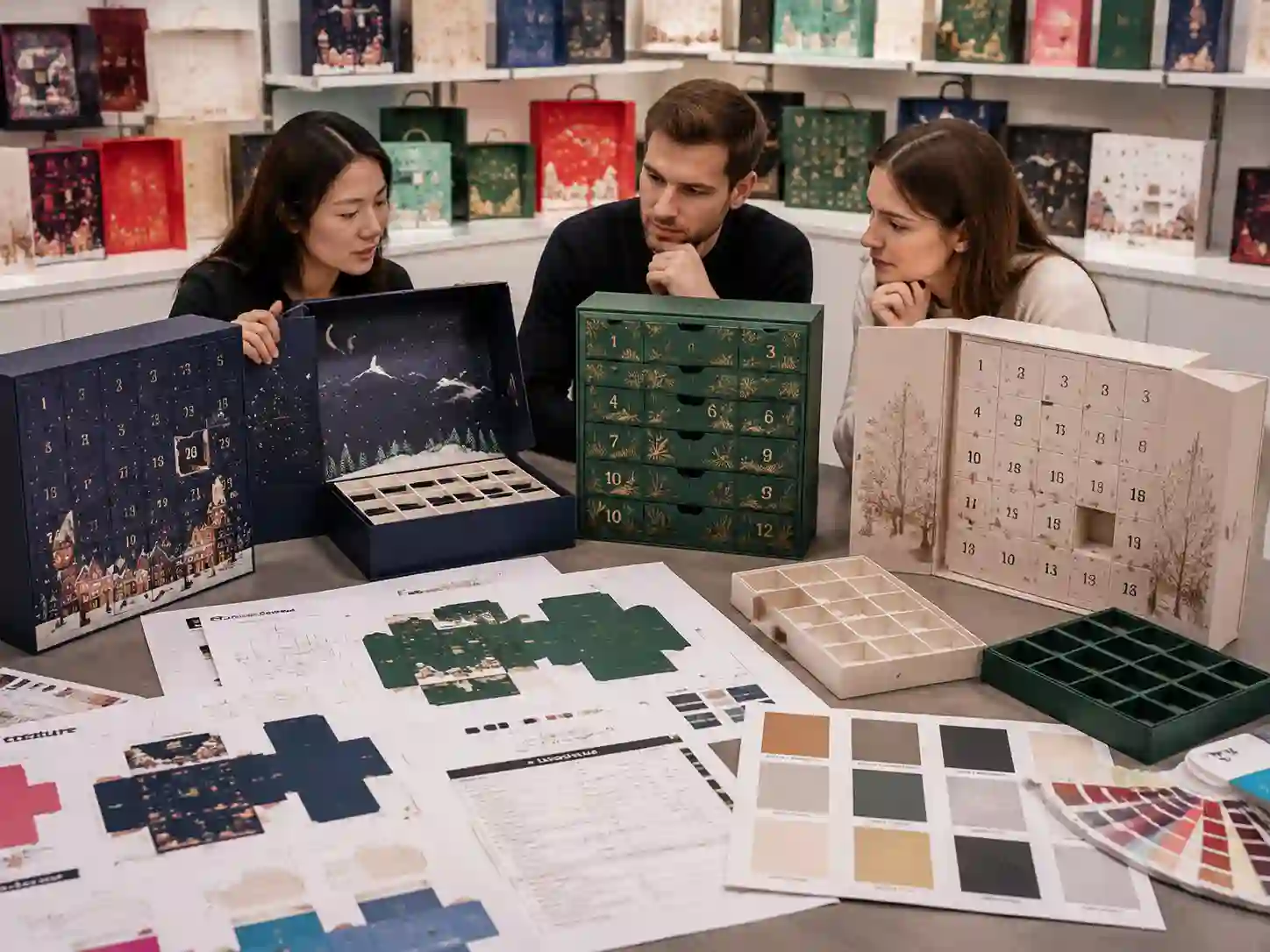 B2B buyers comparing advent calendar box structures with artwork dieline examples and insert layouts