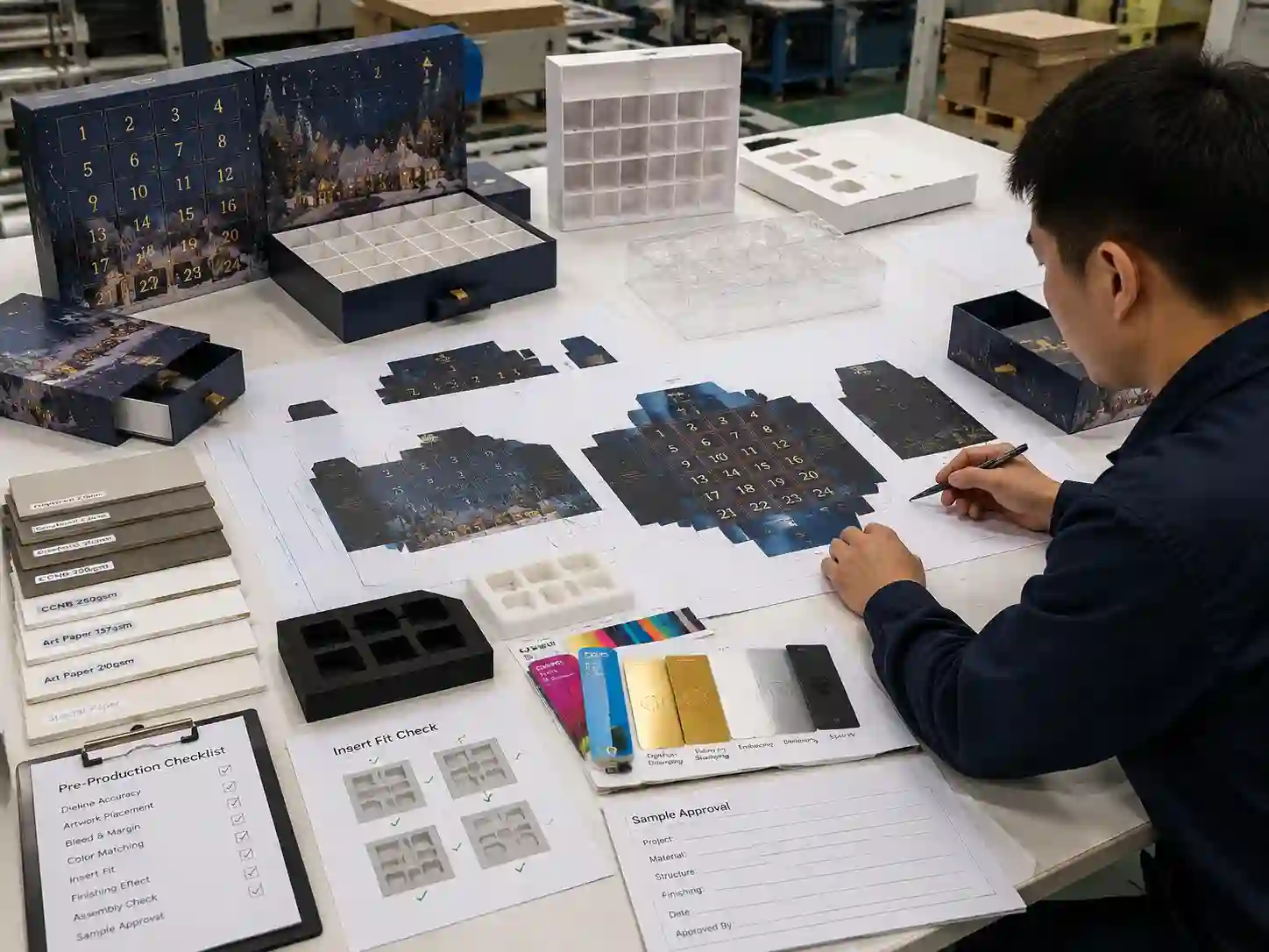 Packaging engineer reviewing advent calendar box dielines, artwork proofs, and insert materials
