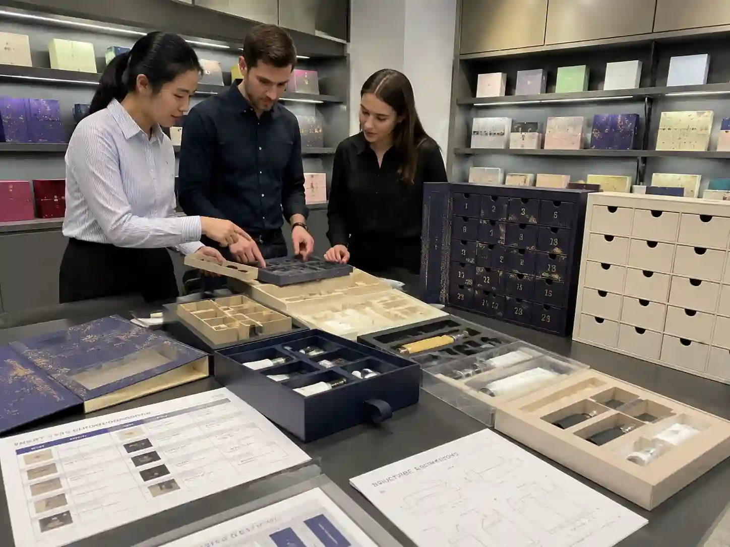 B2B buyers comparing insert fit options for custom advent calendar packaging with different product cavities and box structures