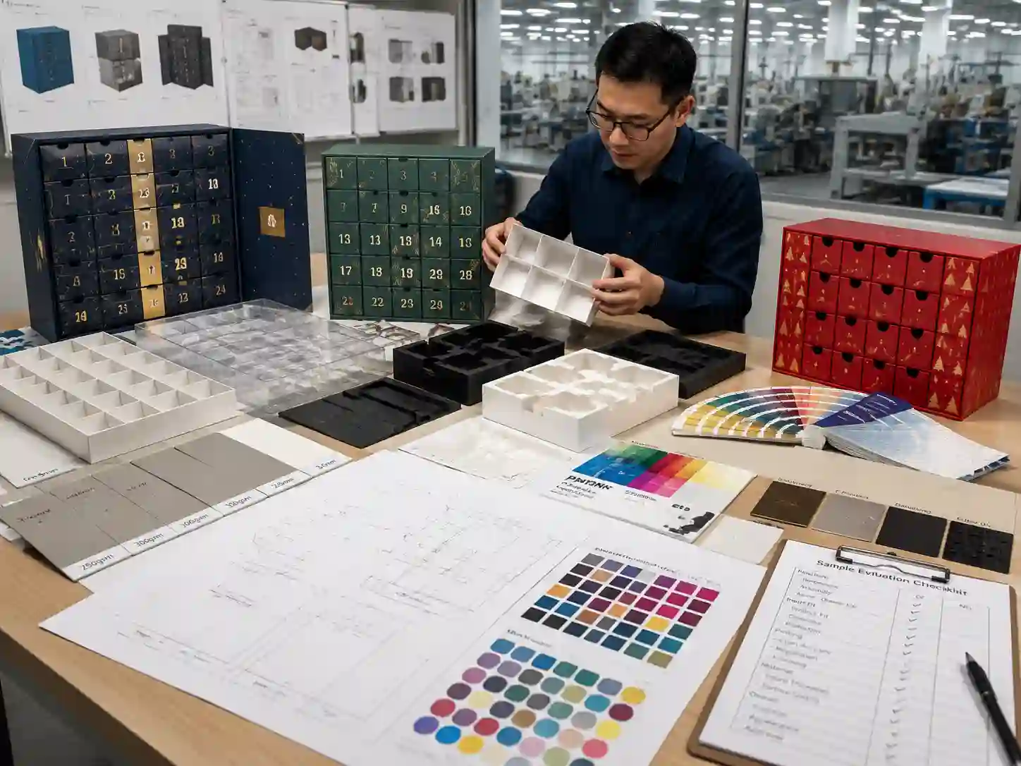 Packaging engineer reviewing advent calendar box dielines and insert prototypes during product development