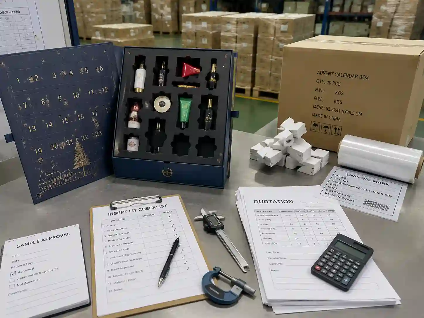QC inspection and export packing preparation for advent calendar packaging insert fit approval