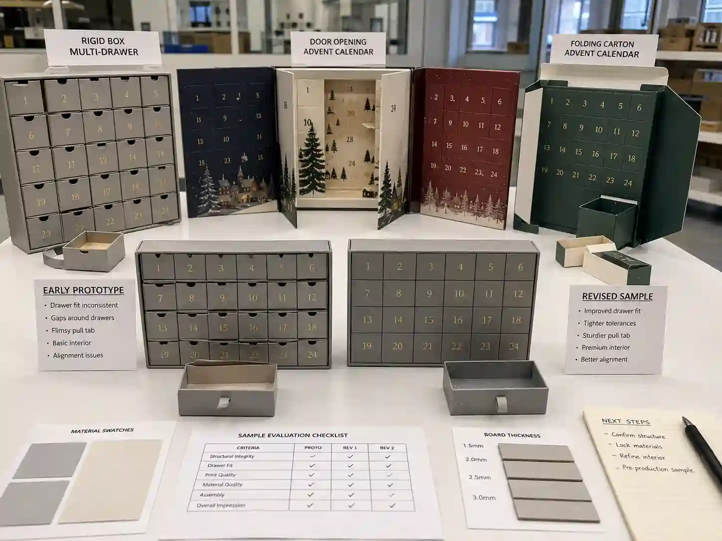 Early sampling comparison of custom advent calendar packaging structures and finished samples
