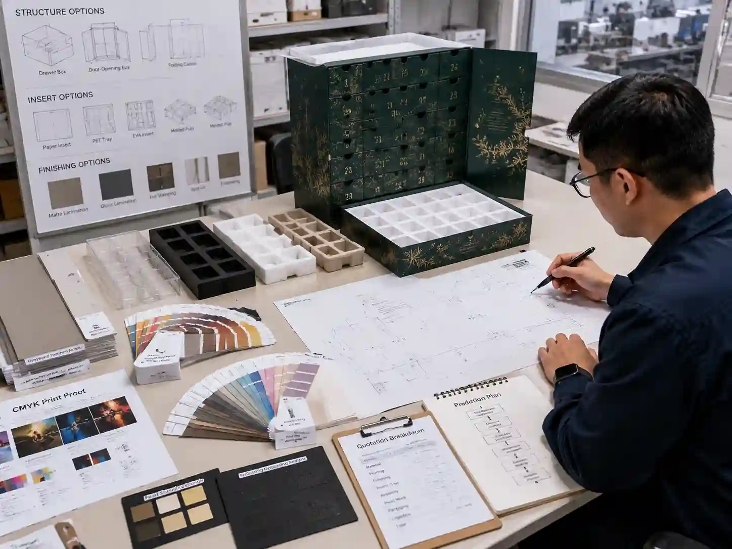 Packaging engineer reviewing advent calendar box materials inserts and prototypes