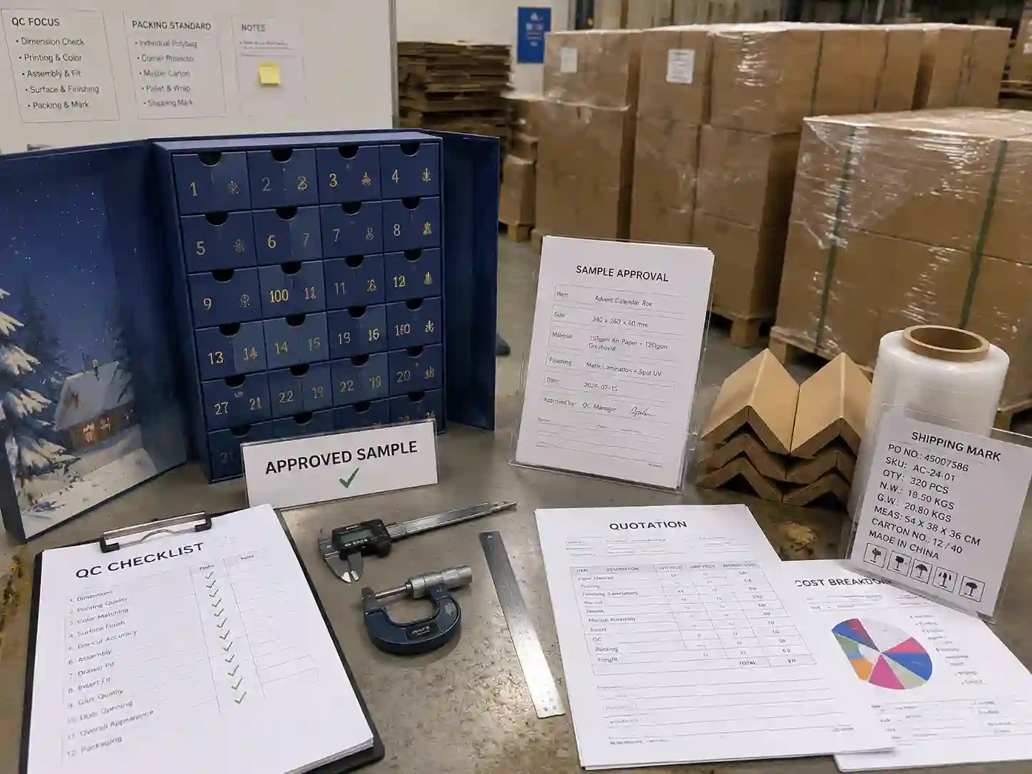 QC inspection and export packing preparation for custom advent calendar boxes