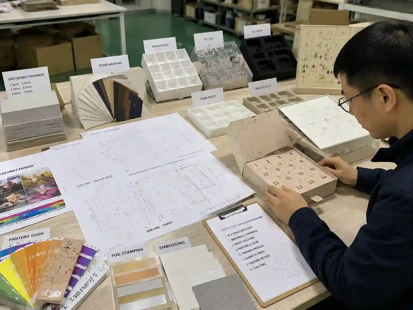 Packaging engineer reviewing advent calendar box materials, dielines, inserts, and production samples