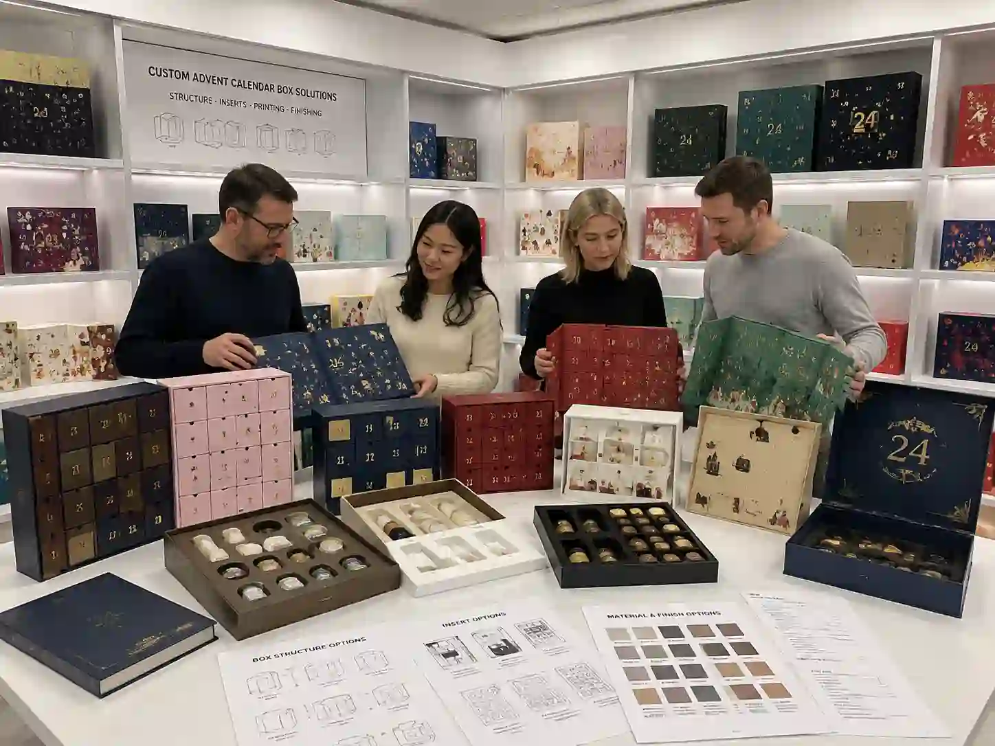 B2B buyers comparing custom advent calendar box structures for different product categories