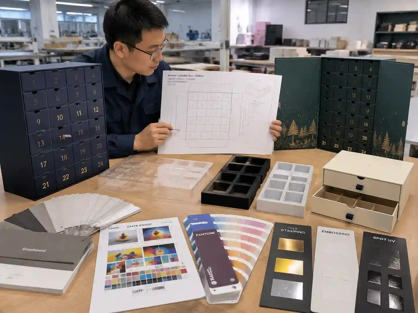 Packaging engineer reviewing advent calendar box materials, dielines, and prototypes