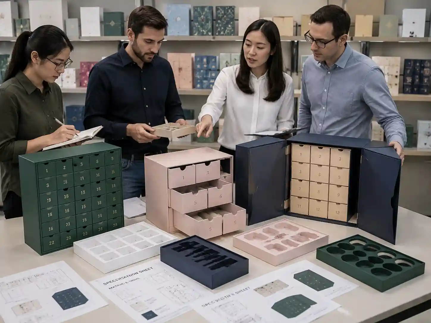 Buyers comparing custom advent calendar box samples before mass production approval