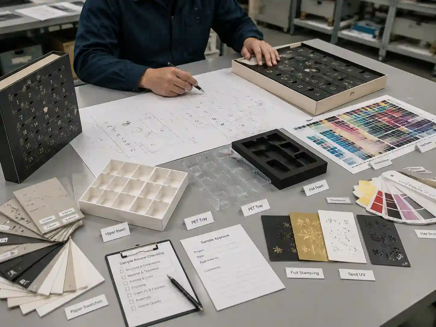 Packaging engineer reviewing samples materials and artwork proofs before bulk production