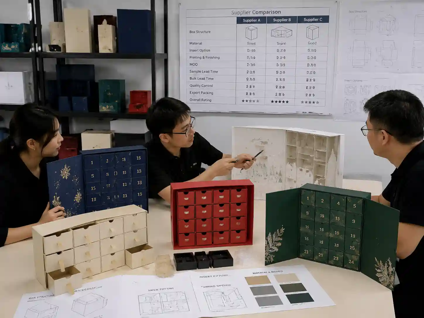 B2B comparison of custom advent calendar box structures from China including rigid, drawer, and door-opening packaging samples