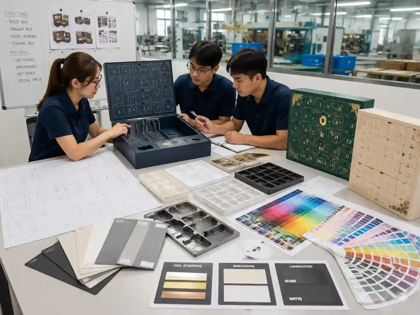 Packaging engineers reviewing advent calendar box dielines, materials, inserts, printing proofs, and finishing samples