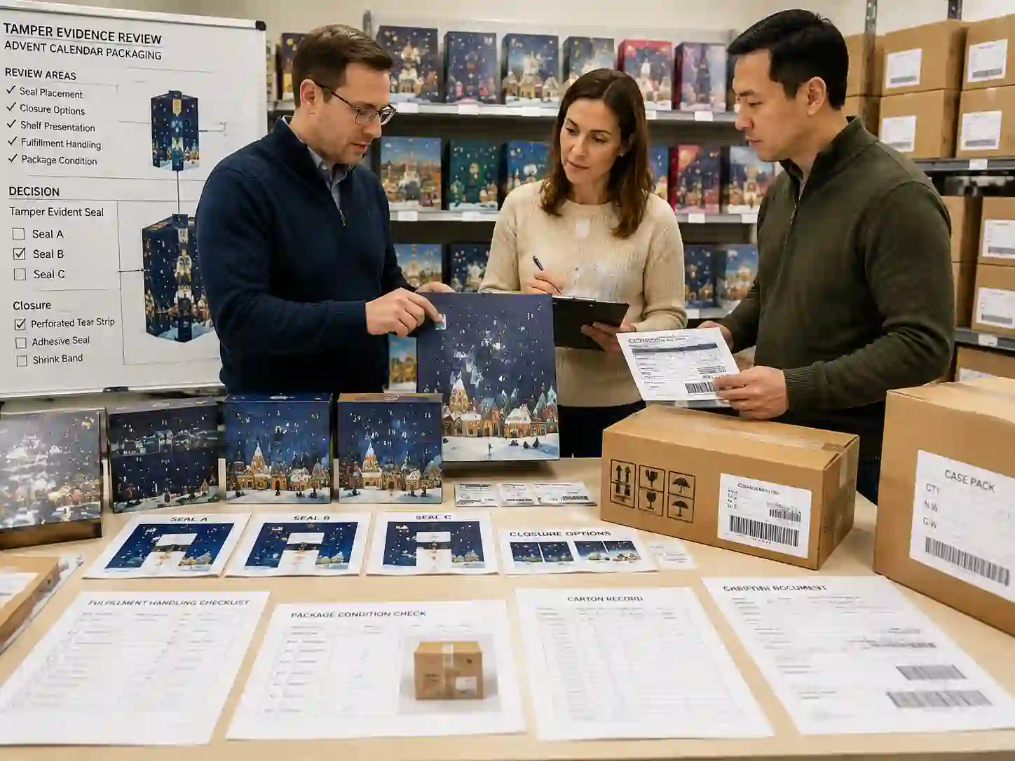 Packaging specialists reviewing tamper evidence options for custom advent calendar boxes with retail and fulfillment records.