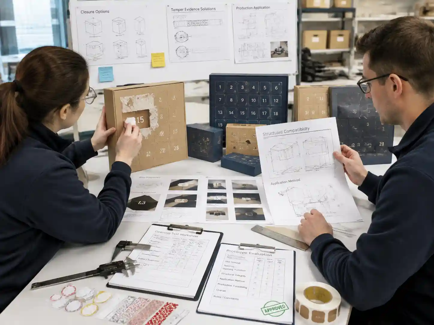 Packaging engineers testing tamper evidence placement and opening performance on advent calendar prototypes.