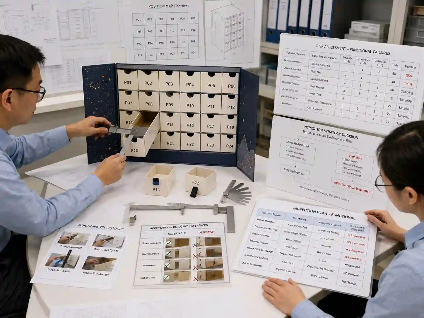 Packaging engineers defining risk-based full functional inspection requirements for a 24-component advent calendar