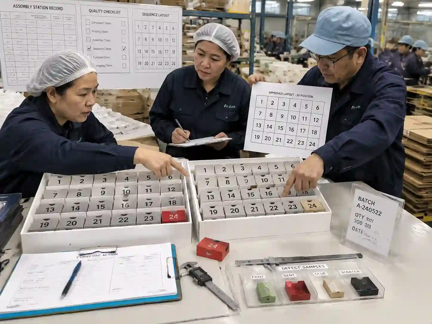Quality staff checking 24 drawer assembly sequence control at a manual advent calendar assembly station.