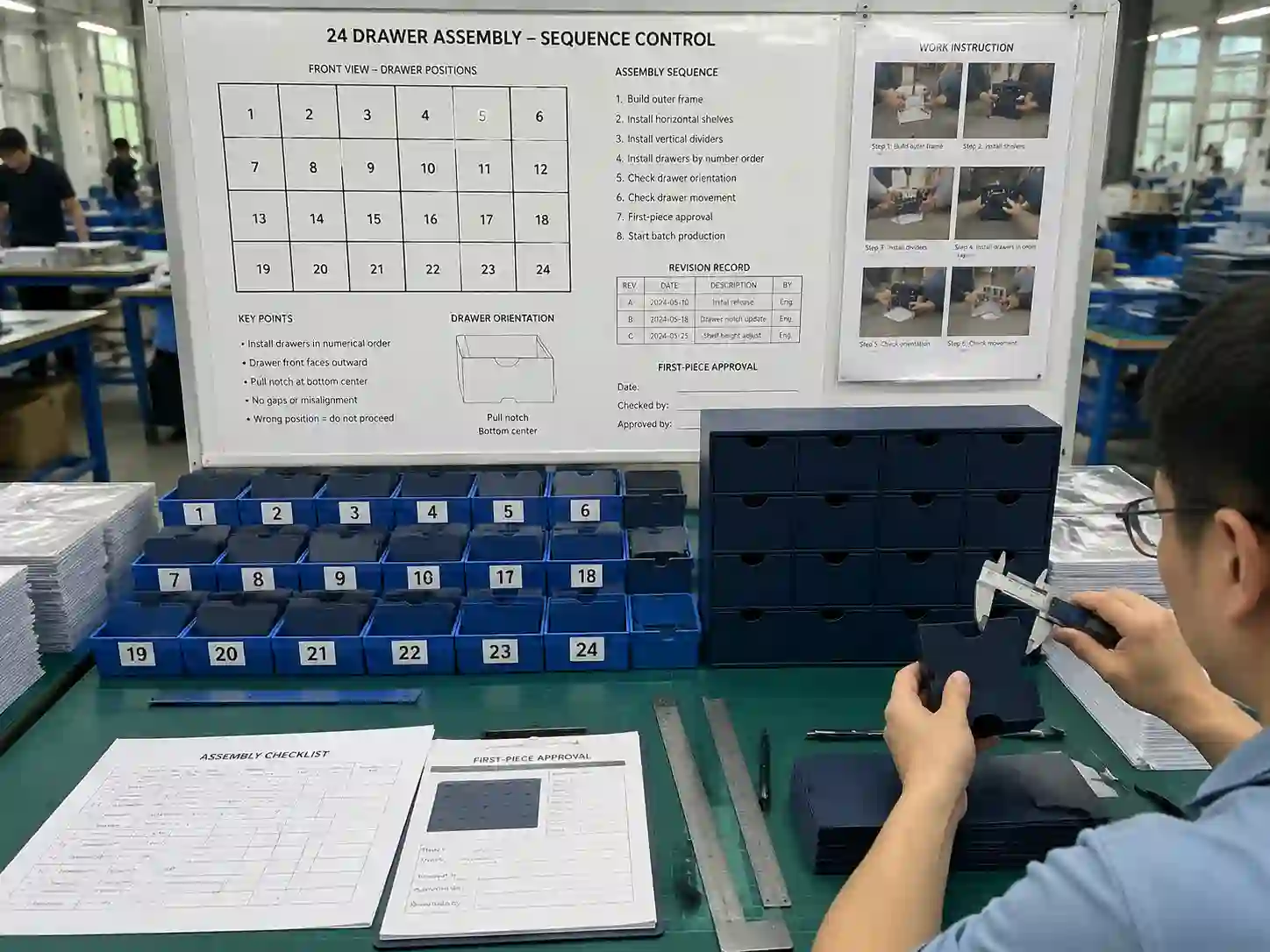 Packaging engineers planning a controlled 24-drawer manual assembly sequence using drawings and staging trays.