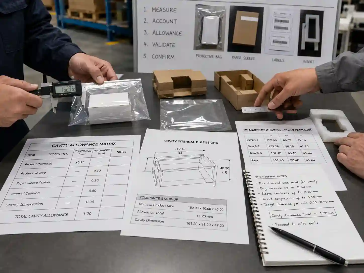 Packaging engineers measuring products with protective bags and sleeves for advent calendar cavity allowance.