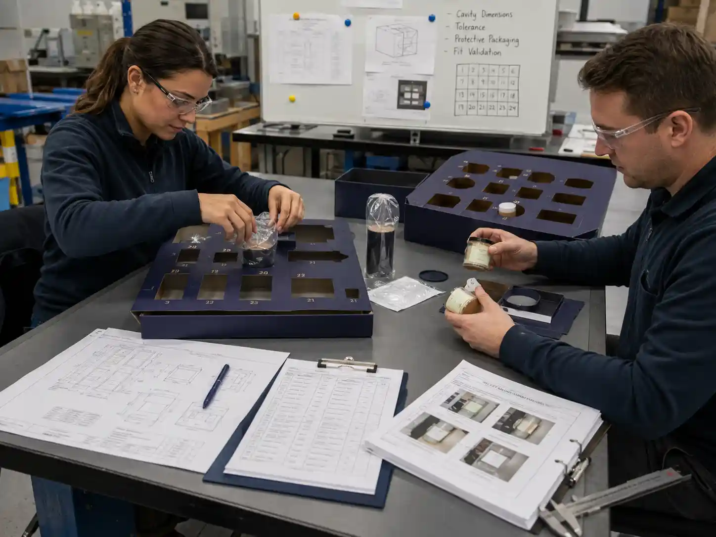 Engineering team validating cavity dimensions using packaged product prototypes.