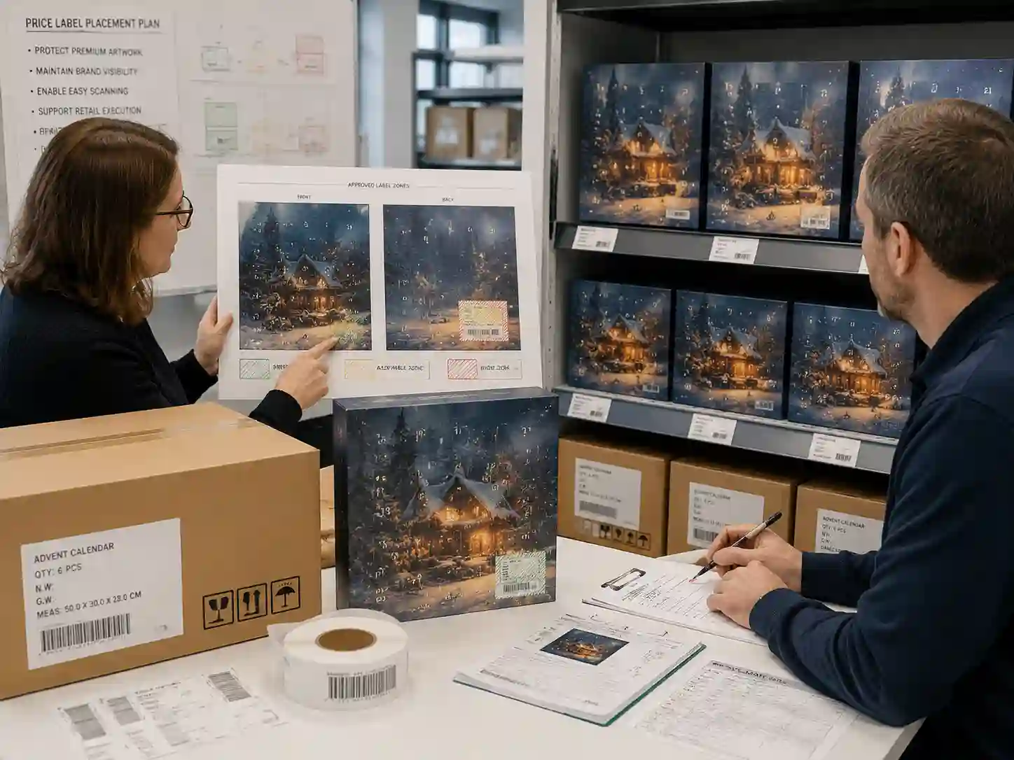 Packaging specialists reviewing price label placement zones on premium advent calendar packaging artwork
