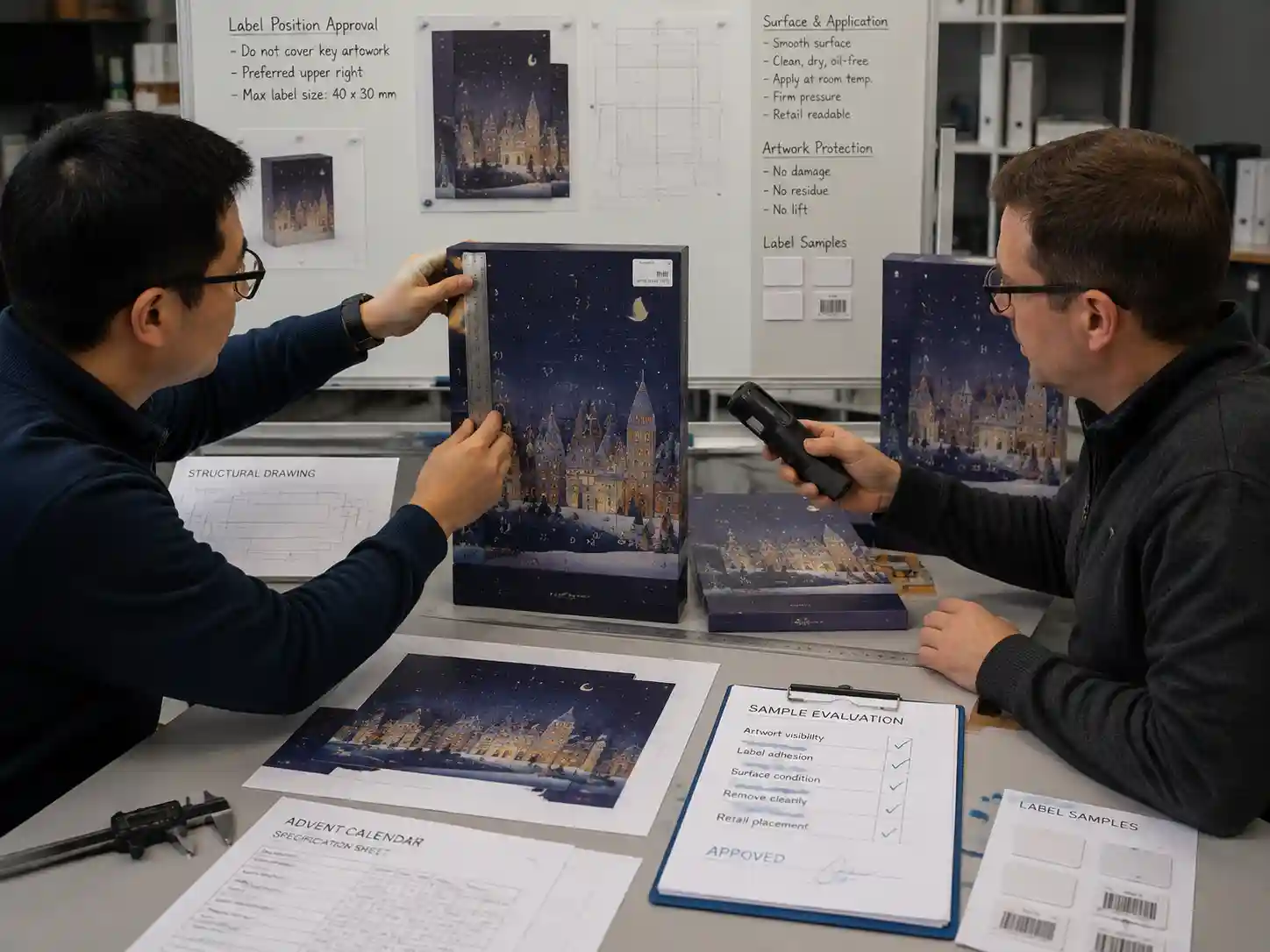 Packaging engineers testing approved price label locations on advent calendar samples