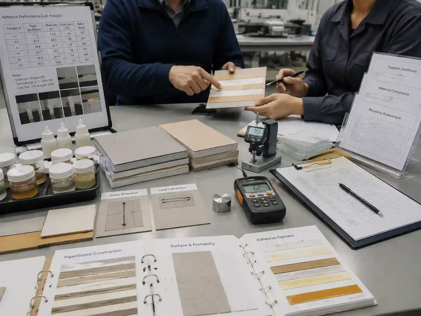 Packaging engineers reviewing adhesive selection evidence for recyclable paper packaging materials