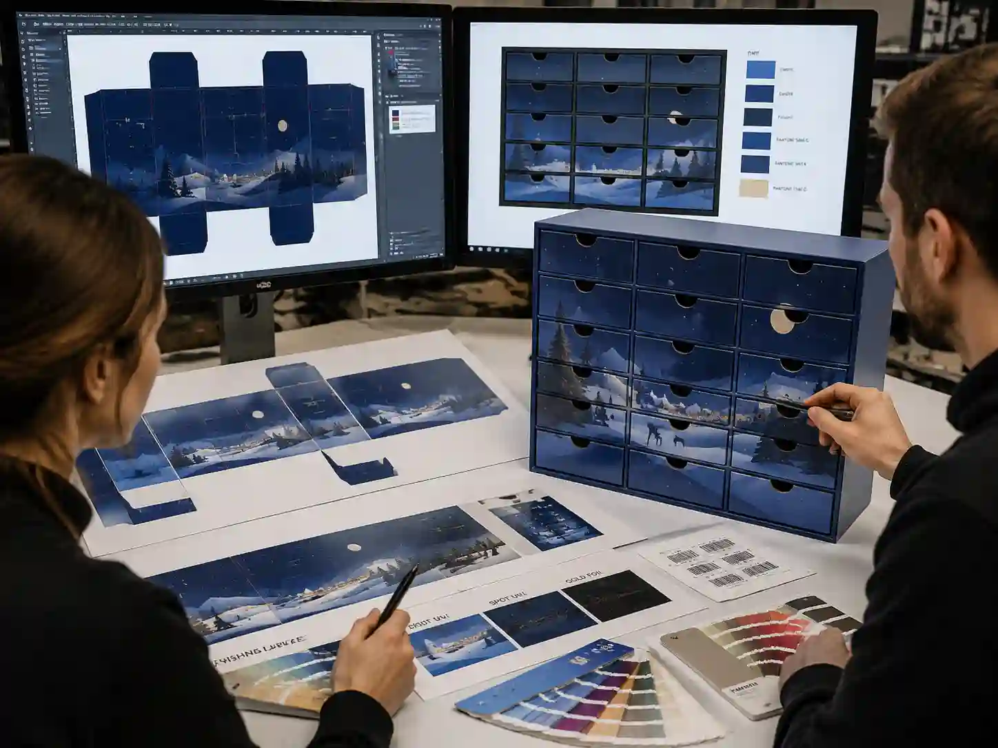 Packaging designers reviewing continuous graphics drawer alignment artwork with dielines and print proofs.