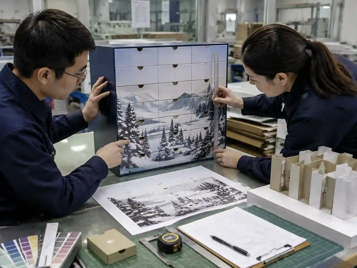 Packaging engineers testing drawer alignment and continuous graphics on a physical calendar sample.