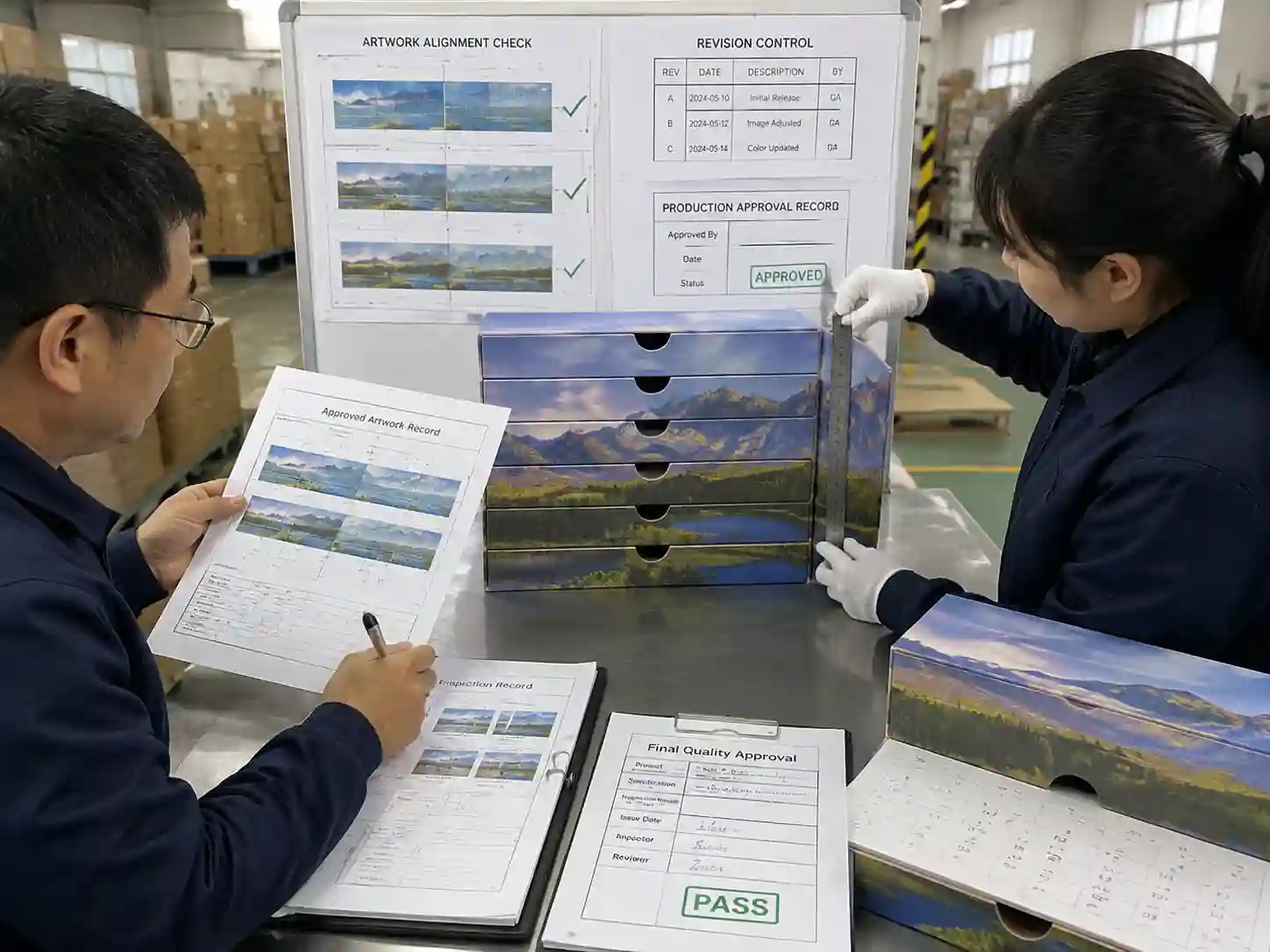 QC staff verifying continuous drawer graphics alignment with inspection records and assembled samples.