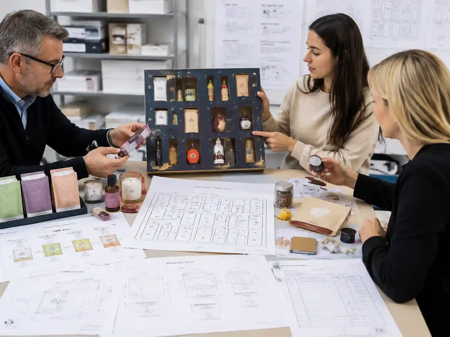 Packaging specialists reviewing food label and best-before information space planning for an advent calendar prototype
