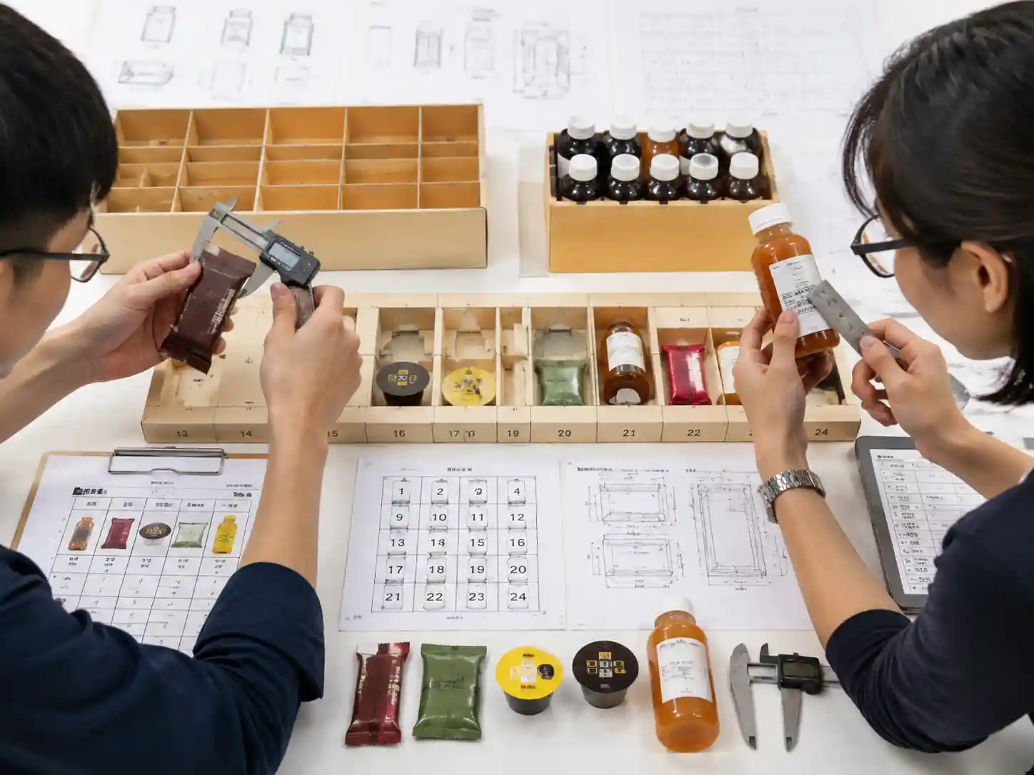 Packaging engineers testing compartment fit and label clearance for food advent calendar packaging