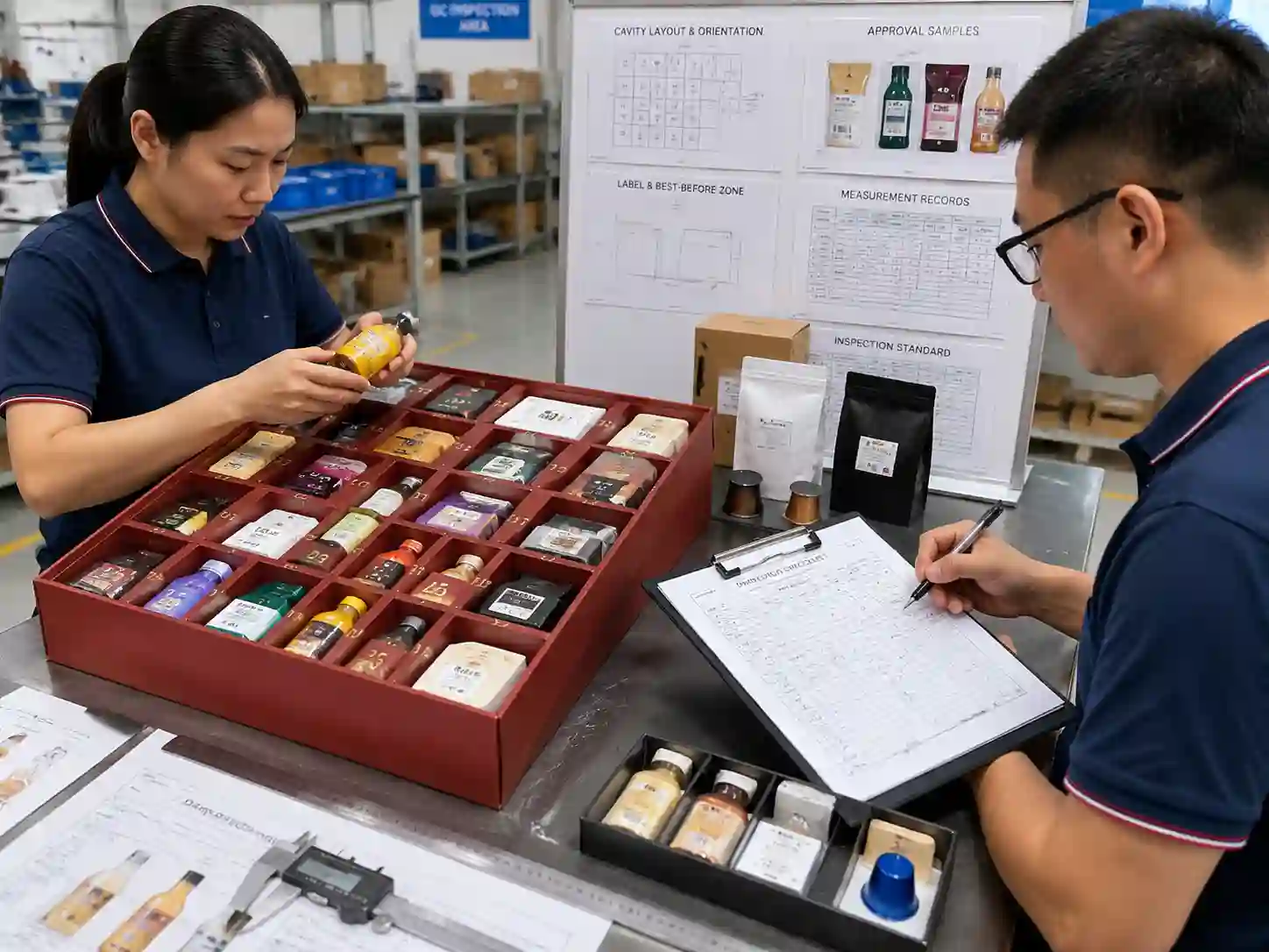 QC inspection of food label visibility and packaging fit records for advent calendar production