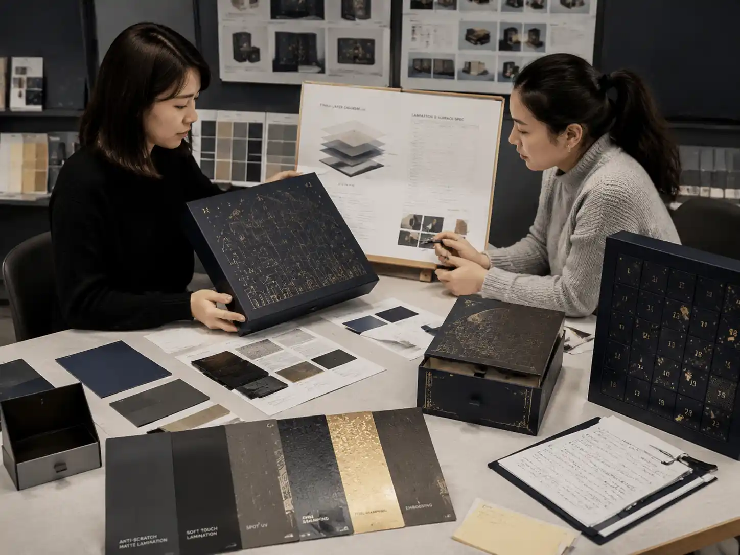 Packaging designers reviewing anti-scratch lamination samples and finishing options for hand assembly durability