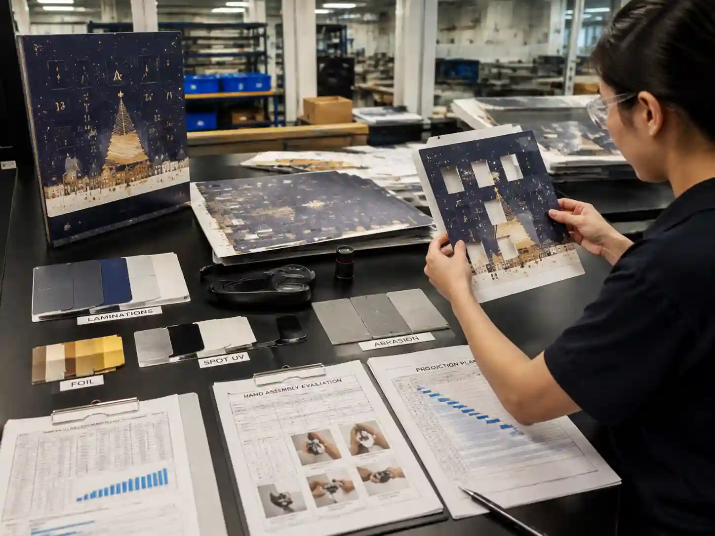 Packaging engineers testing anti-scratch laminated panels during assembly and finish evaluation