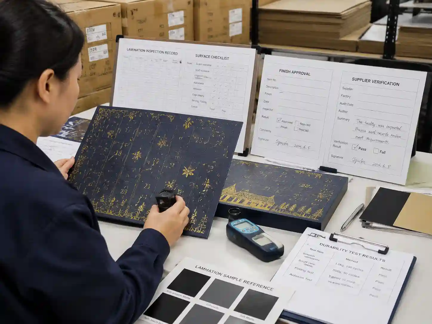 Quality control inspection of anti-scratch lamination records and finished packaging samples