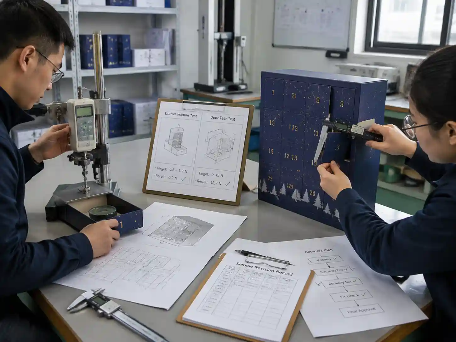 Packaging engineers performing drawer friction and door tear strength tests on calendar prototypes.