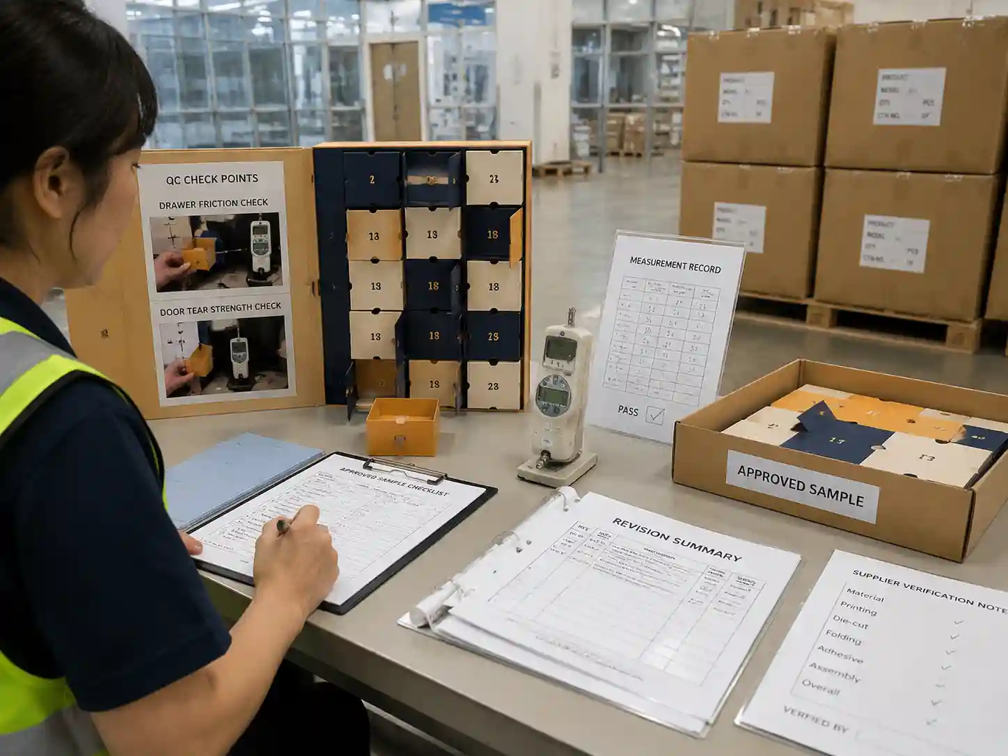 QC staff verifying approved advent calendar samples with drawer and door strength inspection records.