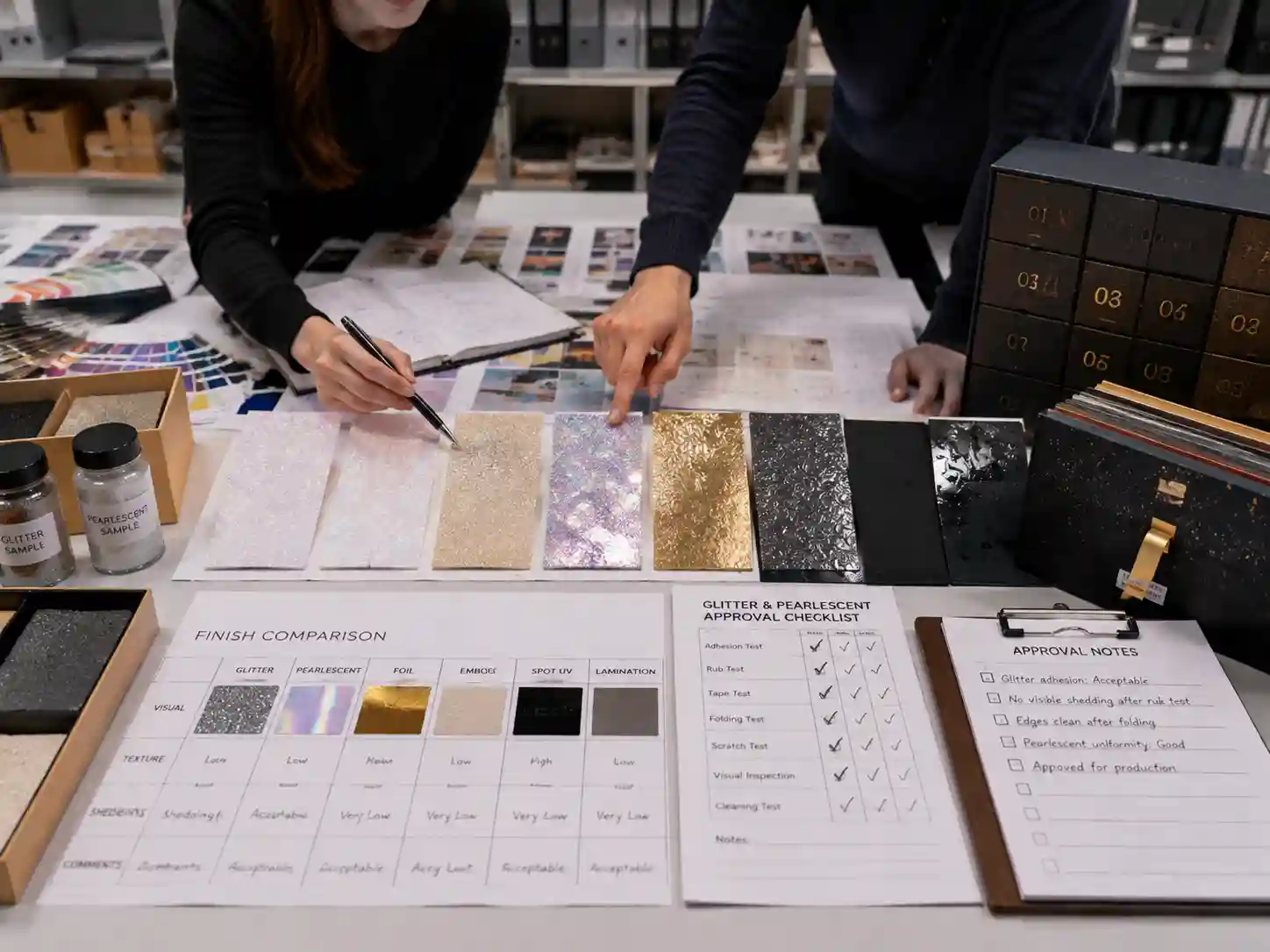 Packaging designers reviewing glitter and pearlescent finish samples for shedding approval and durability checks.