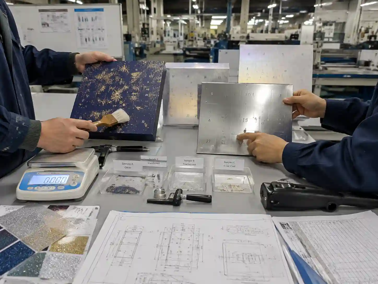 Packaging engineers testing glitter pearlescent finishes with adhesion and handling durability checks.