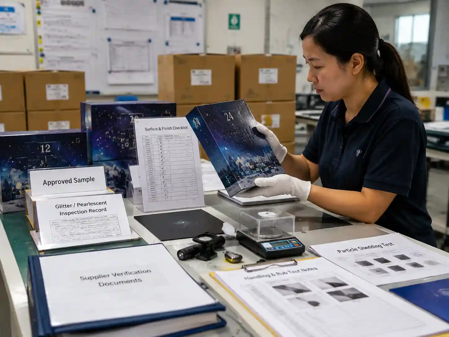 QC staff reviewing glitter and pearlescent packaging finish approval records before production release.
