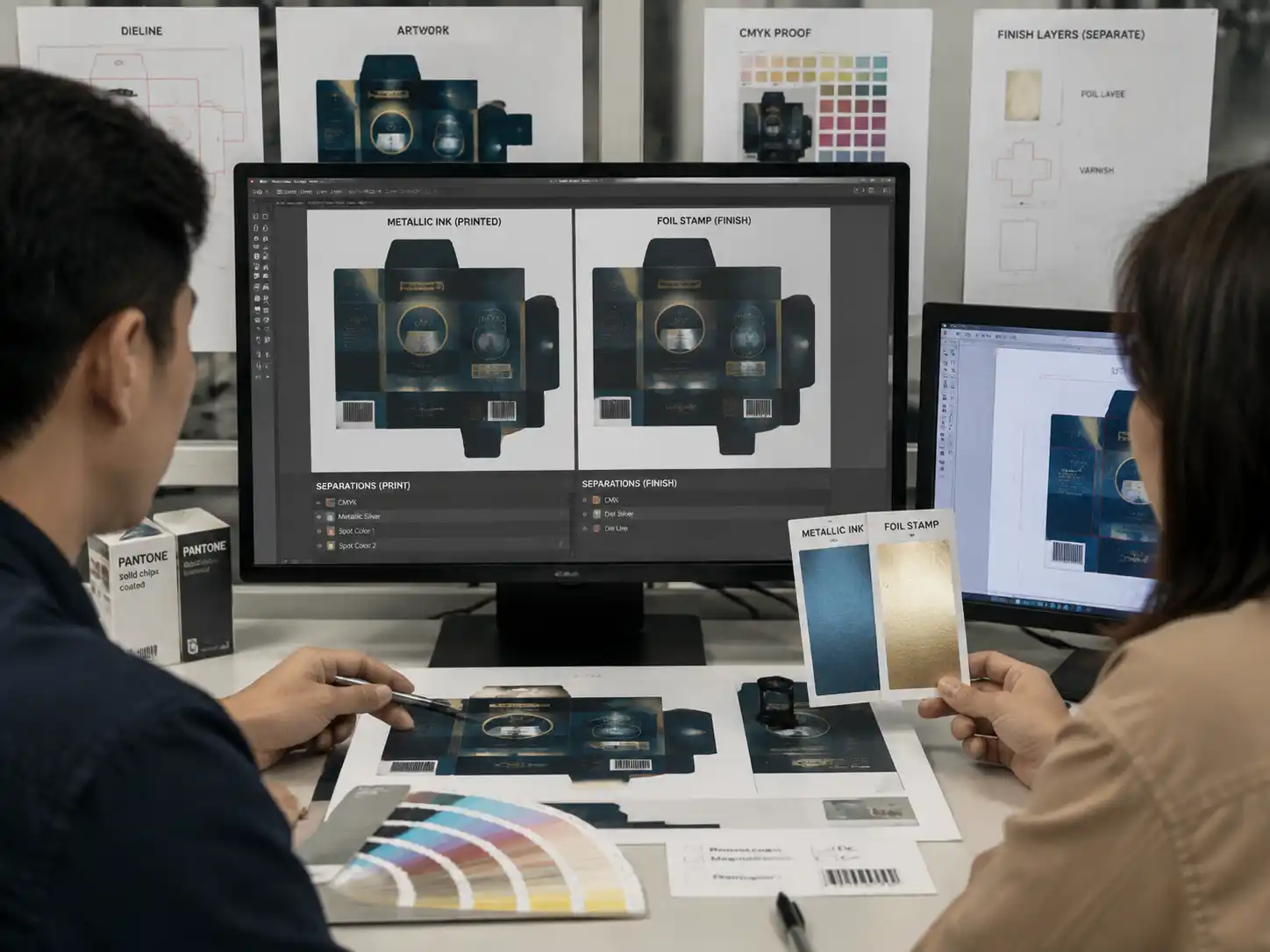 Packaging designers reviewing metallic ink and foil approval artwork layers with proofs and finishing references