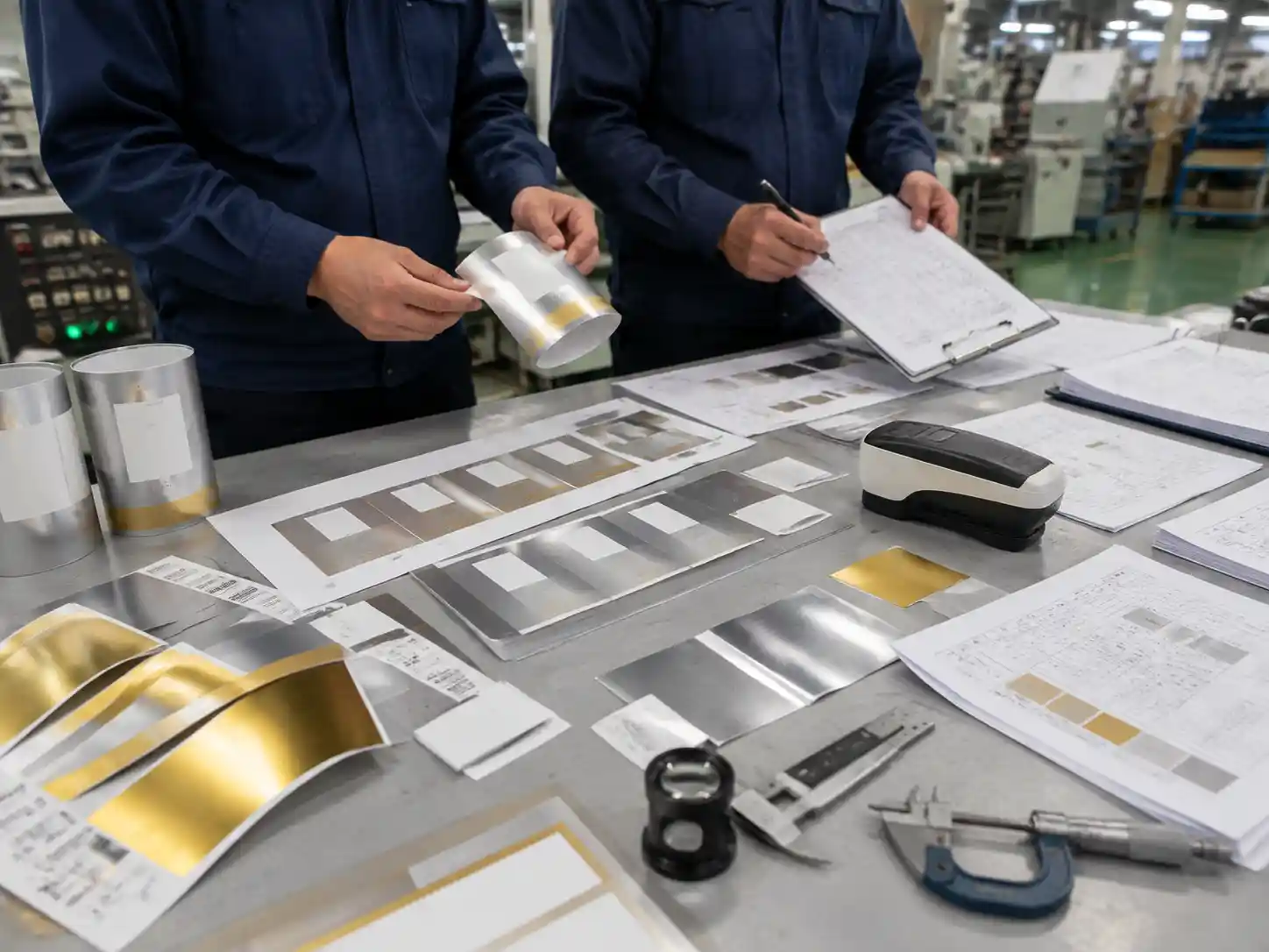 Packaging engineers comparing metallic ink samples and foil finishing tests during production validation