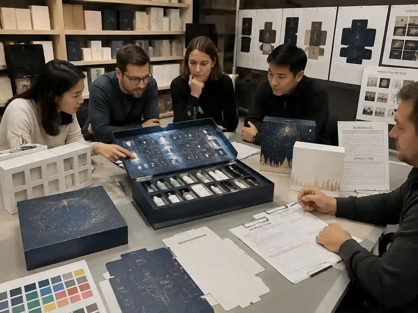 Packaging teams reviewing a loaded pre-production advent calendar sample with products, revision records, and approval documents.