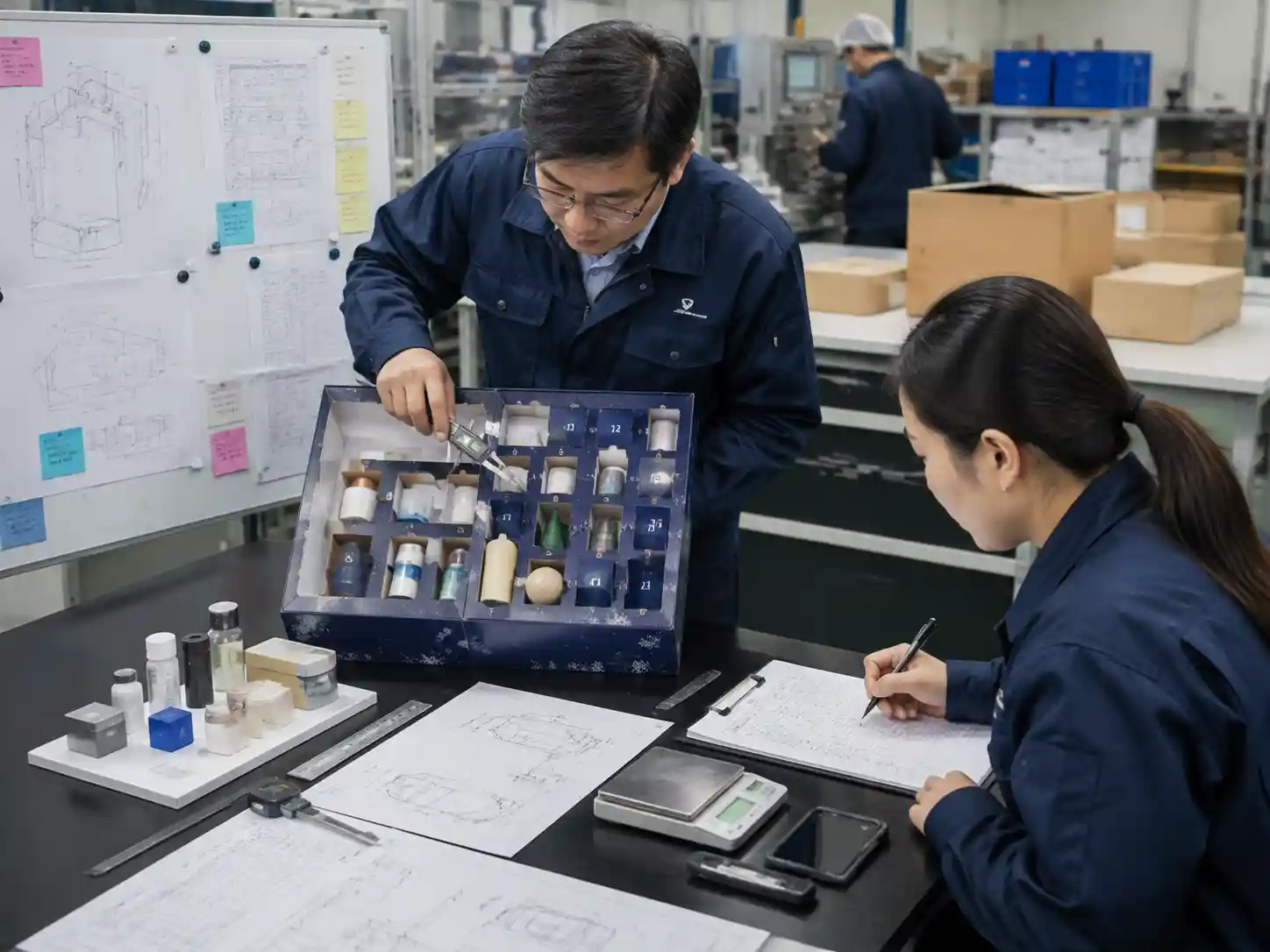 Packaging engineers verifying loaded pre-production sample structure with drawings and measurement tools.