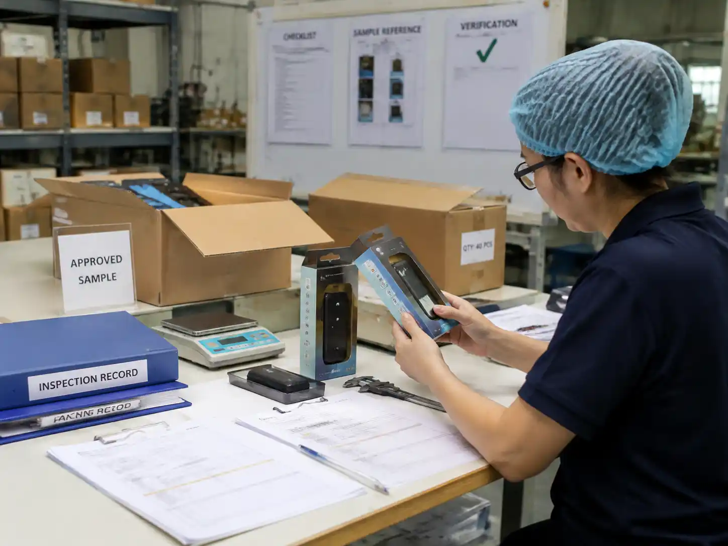 Quality control staff verifying loaded packaging samples with inspection records and production documents.