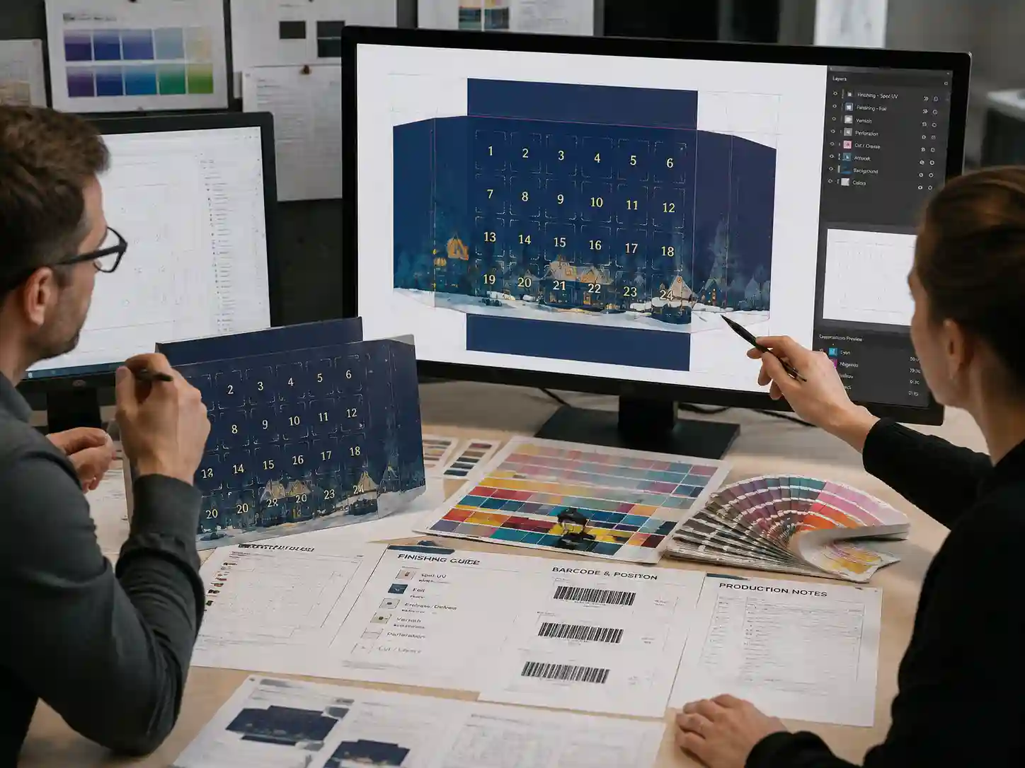 Packaging designers reviewing artwork layout for 24 perforated doors with dielines, color proofs, and prepress documents.