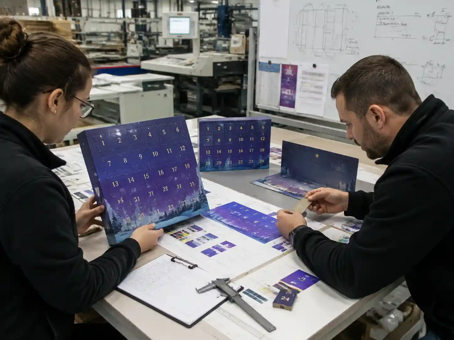 Packaging engineers checking printed samples and perforation alignment for a 24-door calendar artwork layout.