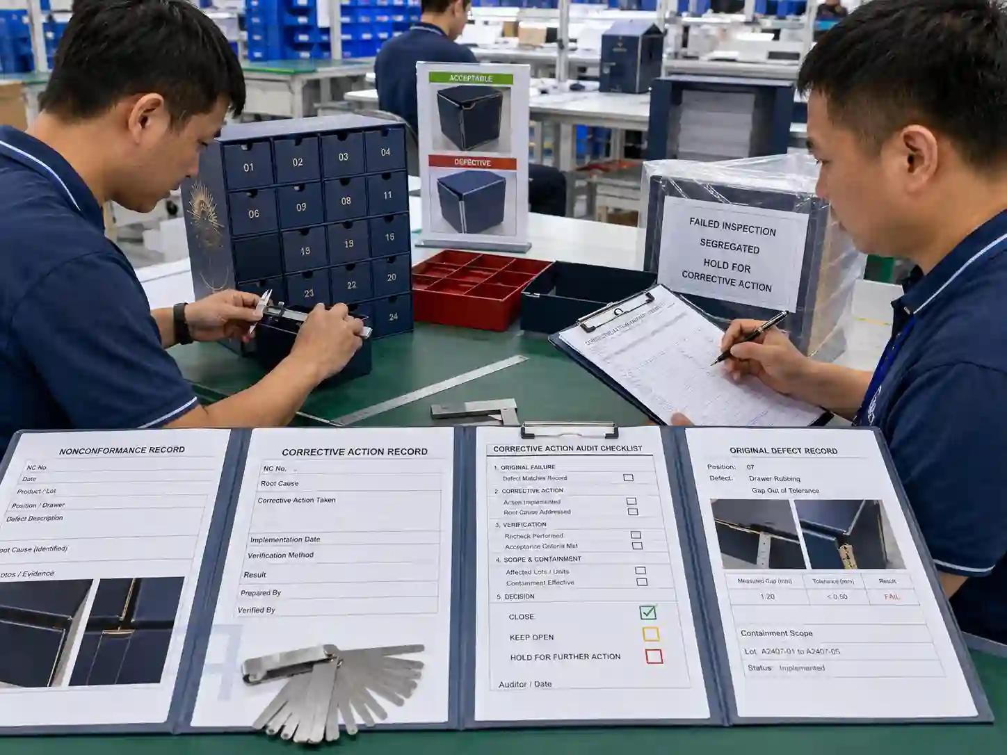 QC inspectors auditing corrective actions and rechecking an advent calendar assembly after a failed inspection.